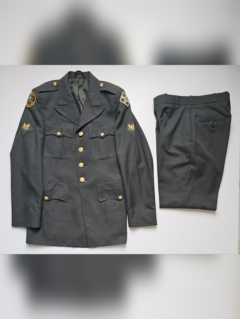 Vintage US Army 37R Men's Coat w/ Patches Poly/Wool Green 344 & Pants 30R